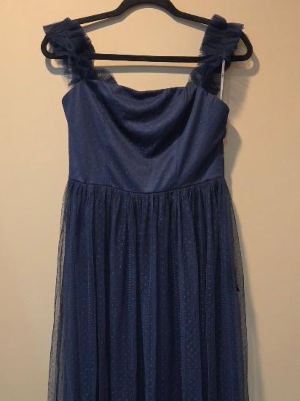 Lulus Divine Invitation Navy Blue Tulle Swiss Dot Ruffled Midi Dress